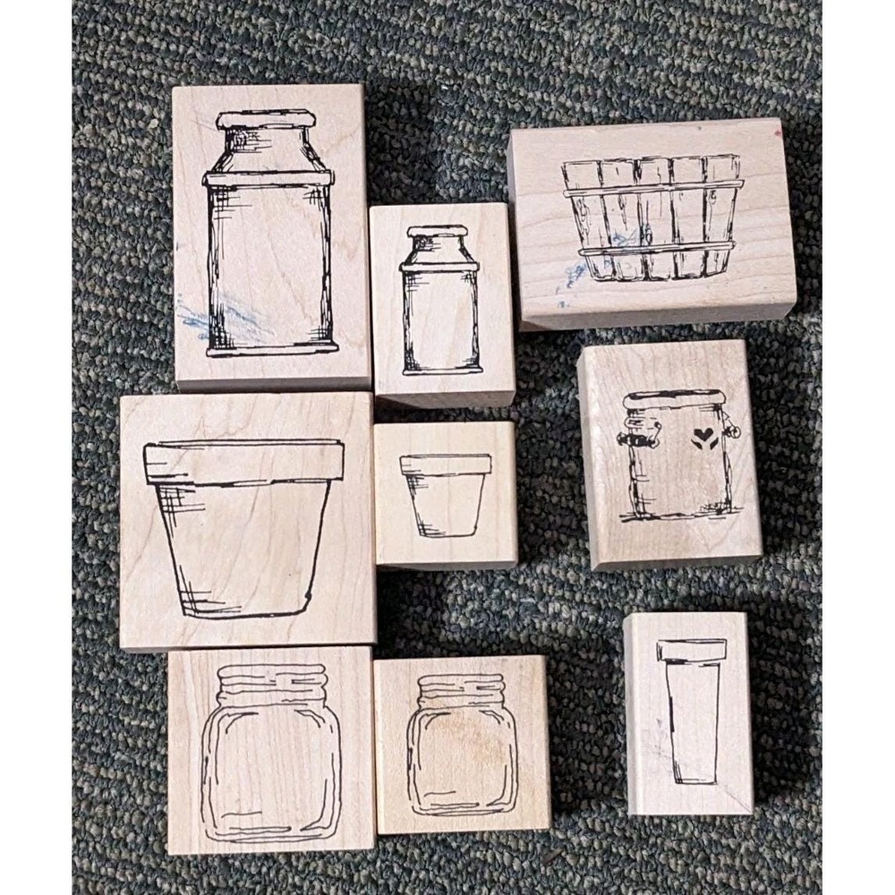 9 PC Lot Of Judith Rubber Stamps Mason Jar Planters Containers Milk Jug